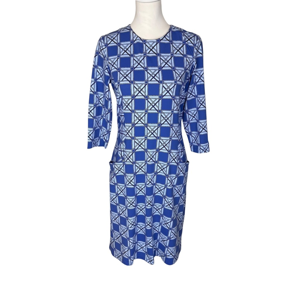 J.McLaughlin Blue Geometric Catalina Cloth Shift Dress 3/4 Sleeve Pockets Size M